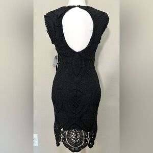 As U Wish Black Open Back Crochet Lace Scalloped Hem Bodycon Midi Dress Size S
